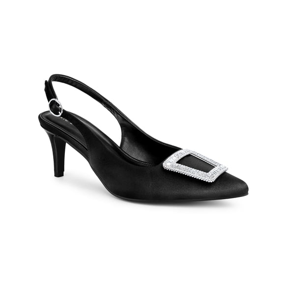 BLISSFUL STEP Slingback Stiletto Heels Sandal Rhinestone Buckle Pointed Toe Pumps for Women Black (Size 7)