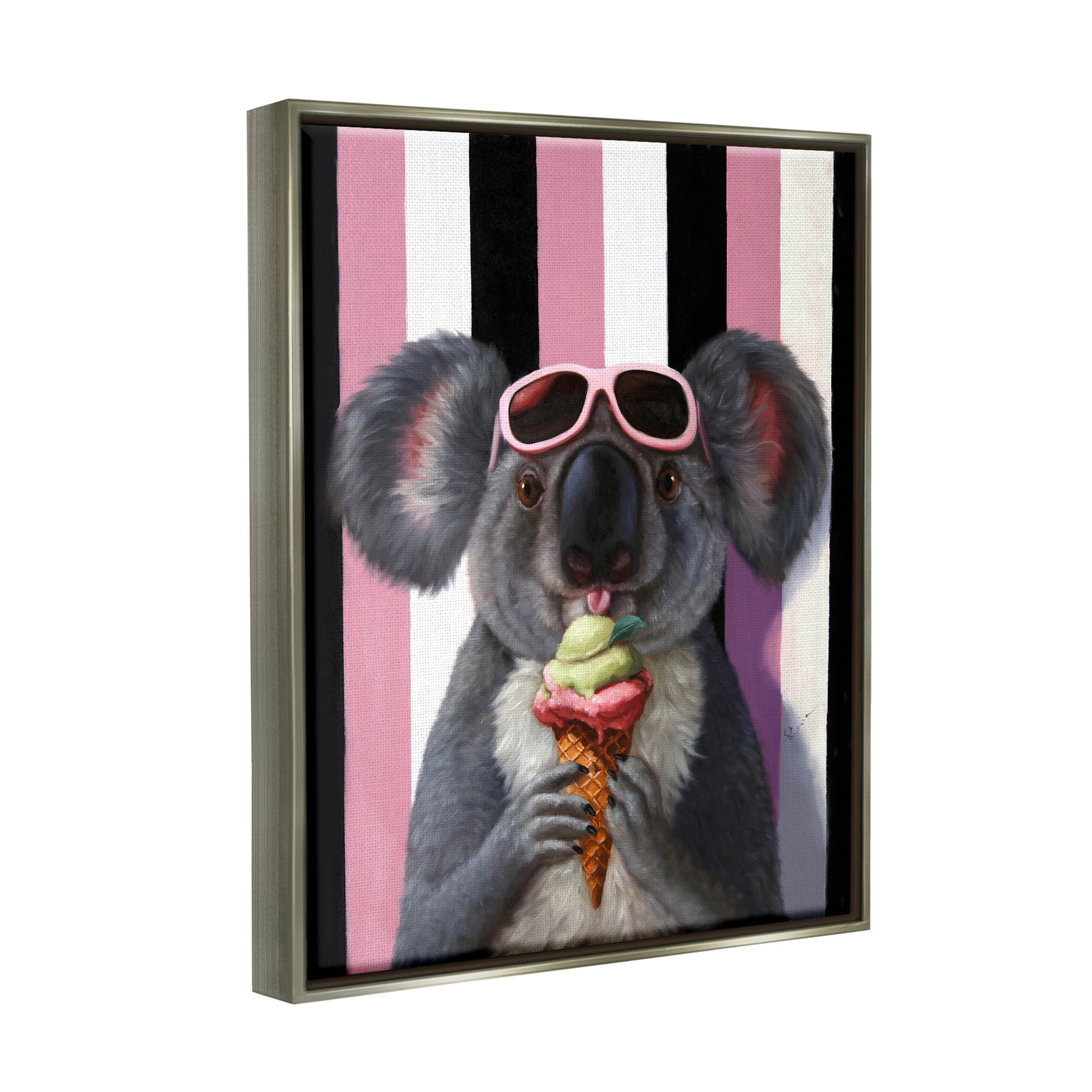 Stupell Industries Happy Koala Ice Cream Stripes Painting Luster Gray Floating Framed Canvas Print Wall Art, Design by Lucia Heffernan