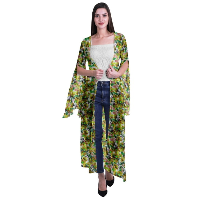 Moomaya Open Front Printed Georgette Shrug Slit Sleeve Beach Cover Up For Women