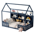 thumbnail image 5 of Mirightone Twin Size House Bed with LED Light and Fence Guardrails, Farmhouse Bed Frame for Girls Boys, Wood Montessori Floor Bed Frame with Storage Bookshelf, (Navy Blue), 5 of 10