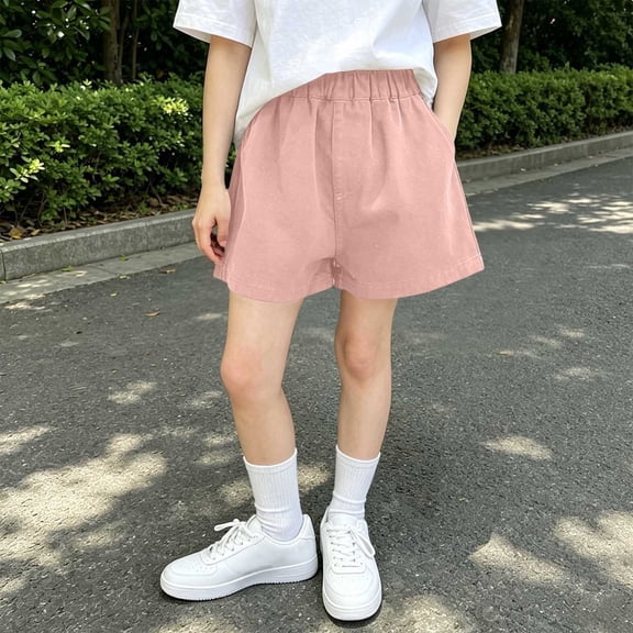 Babcutegg Girls’ Solid Color Elastic Waist Summer Shorts with Pockets, Casual & Comfortable Pants for Ages 2-15 Pink Size 8