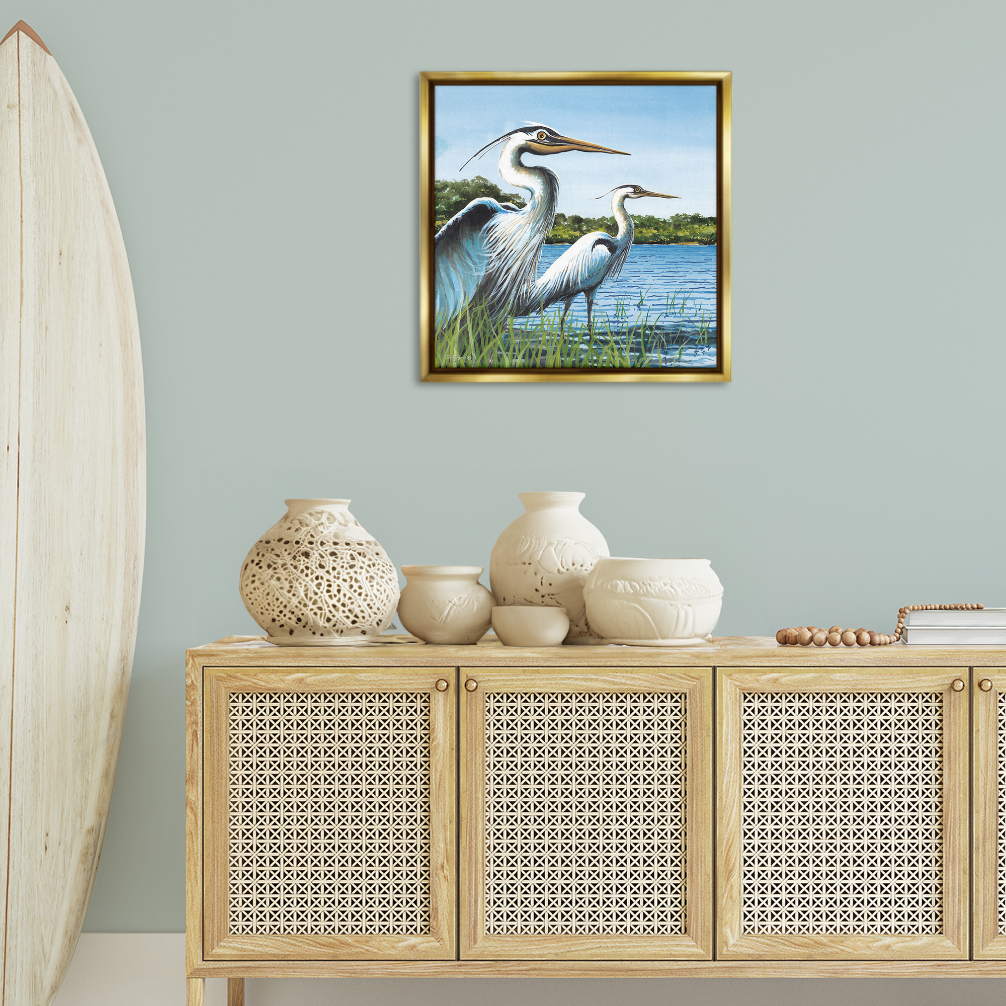 Stupell Industries Traditional Egrets Gazing Animals & Insects Painting Gold Floater Framed Canvas Art Print Wall Art, 25 x 25