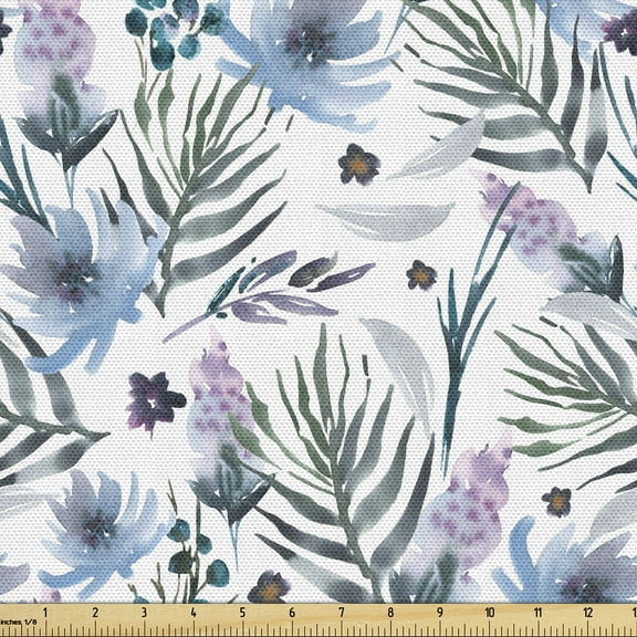 Ambesonne Floral Fabric by the Yard Upholstery, Art Pastel Botanical Flowers, 1 Yard, Grey Teal Lilac Blue