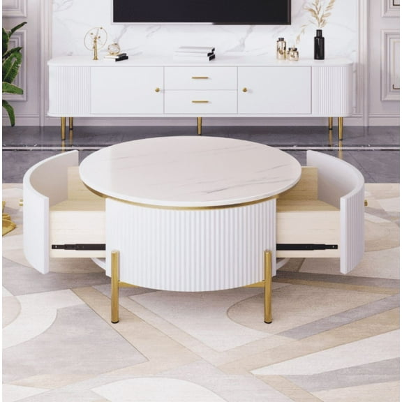 Euroco Modern Round Coffee Table with 2 large Drawers Storage Accent Table(31.5'')