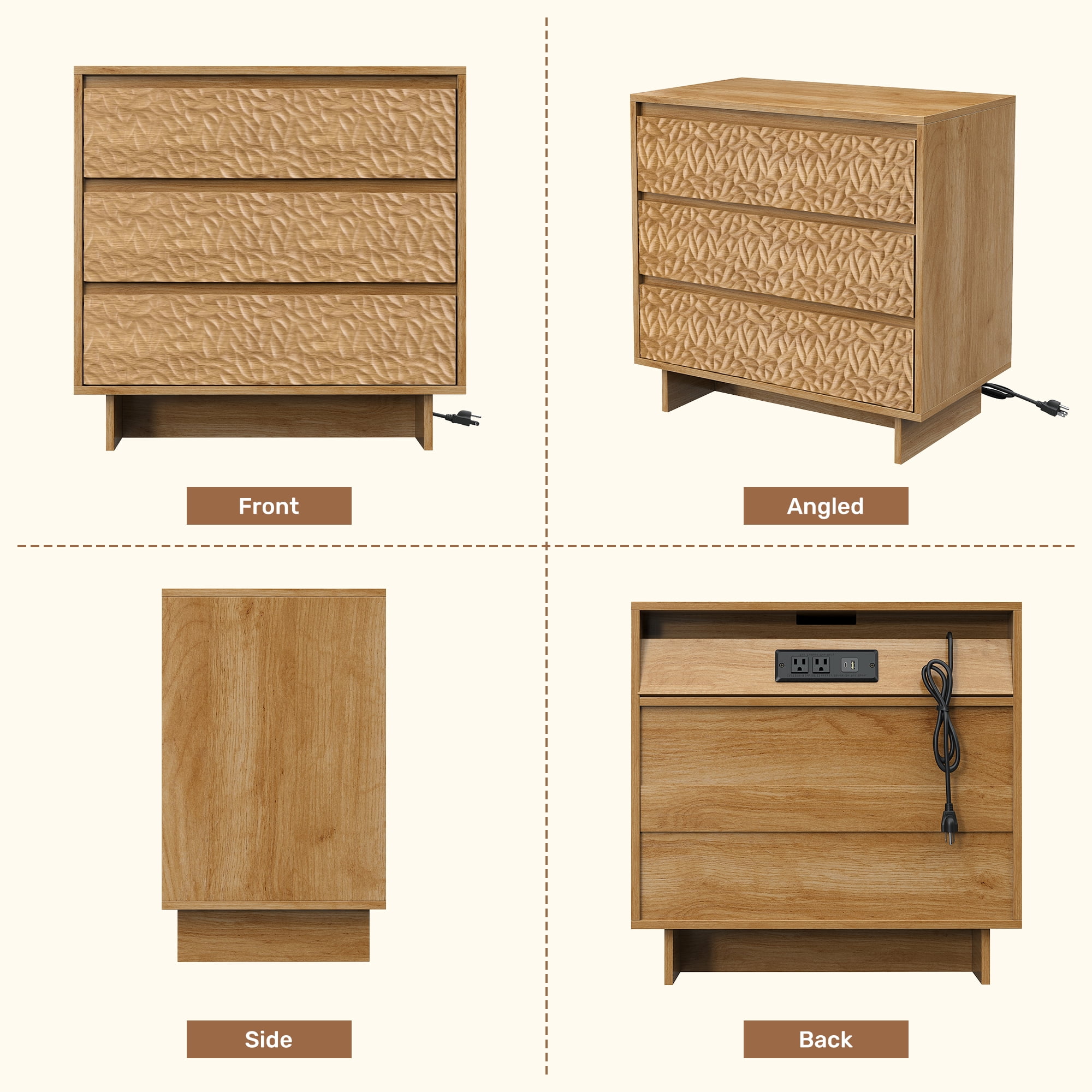 MOONMISS 3 Drawers Nightstand with Charging Station, Wood Night Stand with Waterproof Table Top for Bedroom, Livingroom, Natural Wood