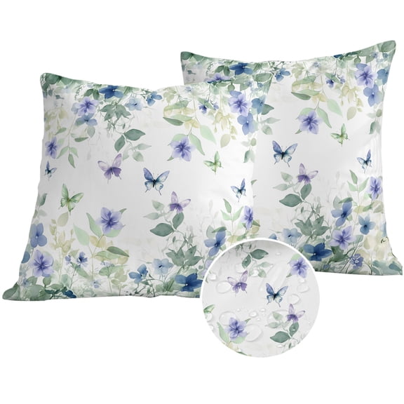 Leaf Butterfly Outdoor Pillow Covers 16x16 Set of 2,Waterproof Patio Throw Pillowcase Protectors,Watercolor Sage Green Purple Floral Decorative Pillow Shams Cushion Covers for Seat Bed Couch Sofa