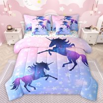 Manfei Animal Unicorn Bedding Comforter Set 7 Pieces for Girls Female,Dreamy Princess Full Bedding Set Lightweight,Gradient Galaxy Universe Fitted Sheet Flat Sheet,Microfiber Bedroom Decor