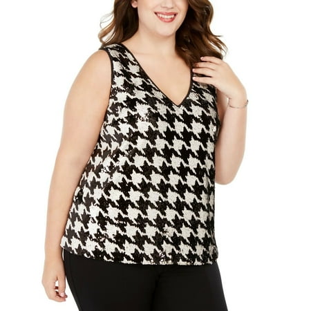 INC International Concepts Women's Sequined Houndstooth-Print Top Black Size Petite Small