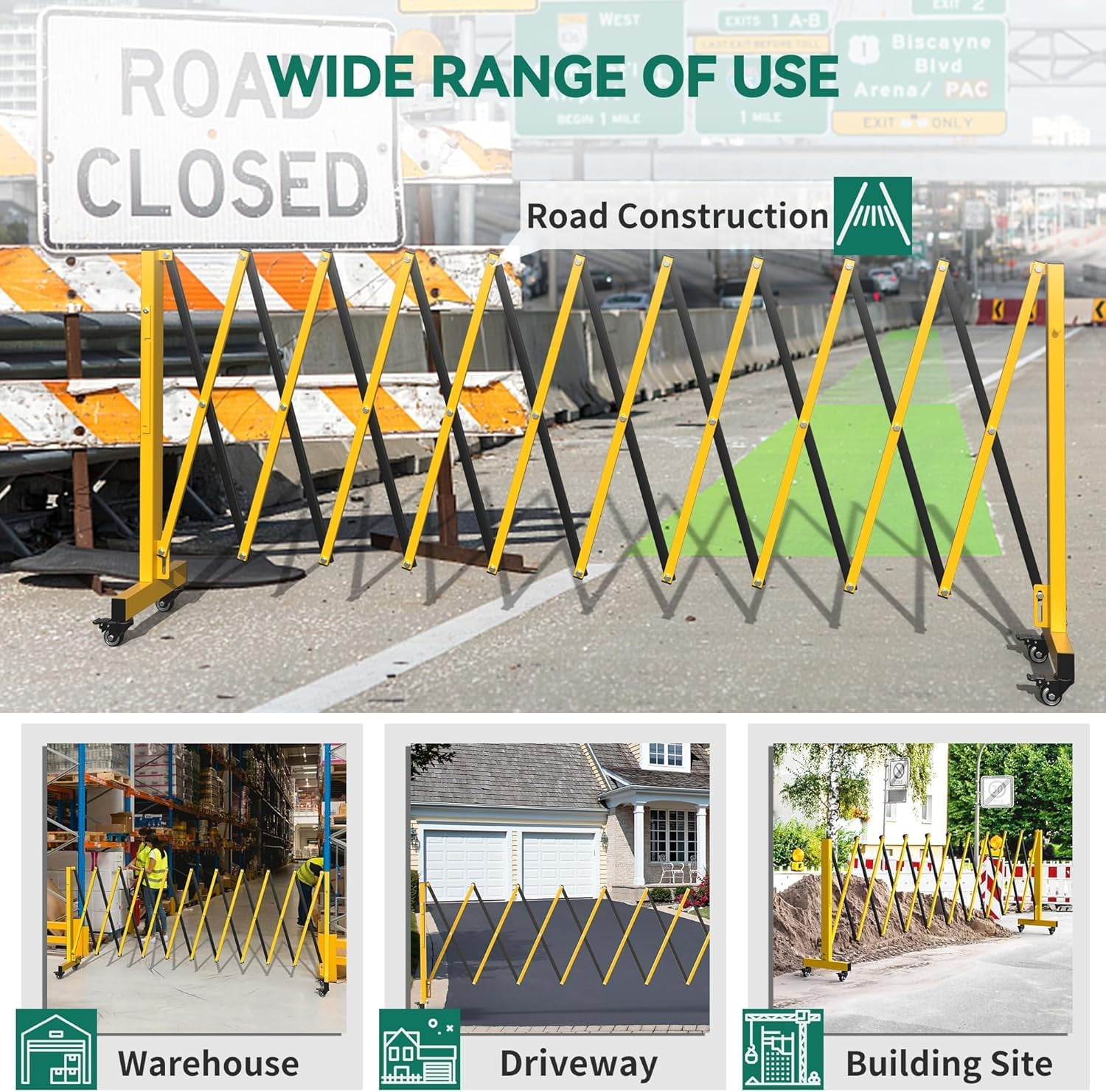 TEQIN Industrial Expandable Metal Barricade, 6FT/7FT/8FT/11FT, Mobile Safety Barrier Gate, Retractable Traffic Fence,Easily Assembled Safety Barrier with Casters, Flexible Mobile Gate