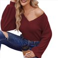 thumbnail image 2 of Blusa de Larga con Cuello en V para Mujer, Estilo Farol, Elegante, Informal, de Punto Acanalado, Corte Holgado, Otoño 2025 Rojo Vino M, 2 of 8