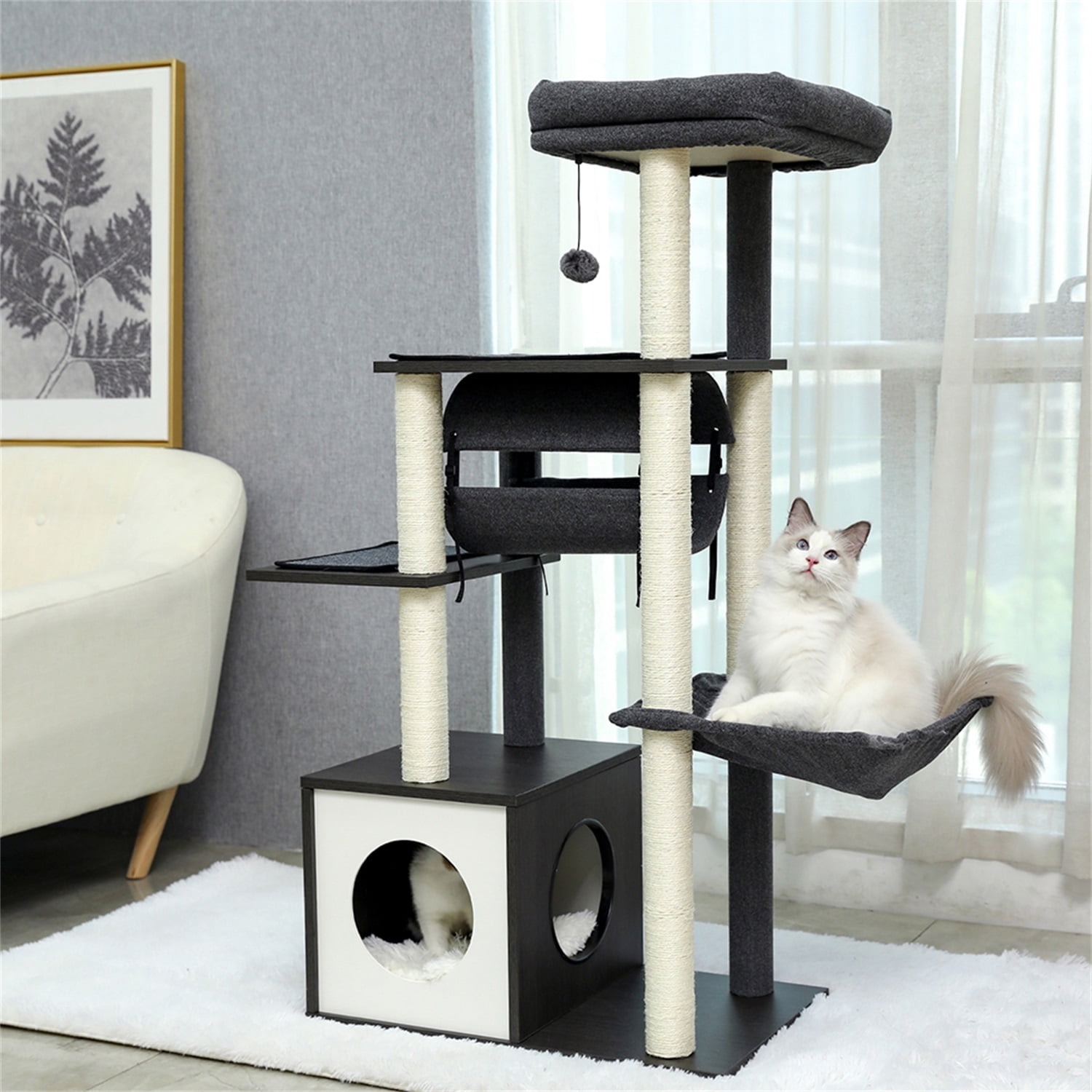 Pefilos 51.4 Inches Modern Cat Tree 6 Levels Wooden Cat Tower with Sisal Covered Scratching Posts, Cozy Condo, Spacious Perch, Hammock and Swing Tunnel for Indoor Cats, Gray Pefilos 51.4 Inches Modern Cat Tree 6 Levels Wooden Cat Tower with Sisal Covered Scratching Posts, Cozy Condo, Spacious Perch, Hammock and Swing Tunnel for Indoor Cats, Gray