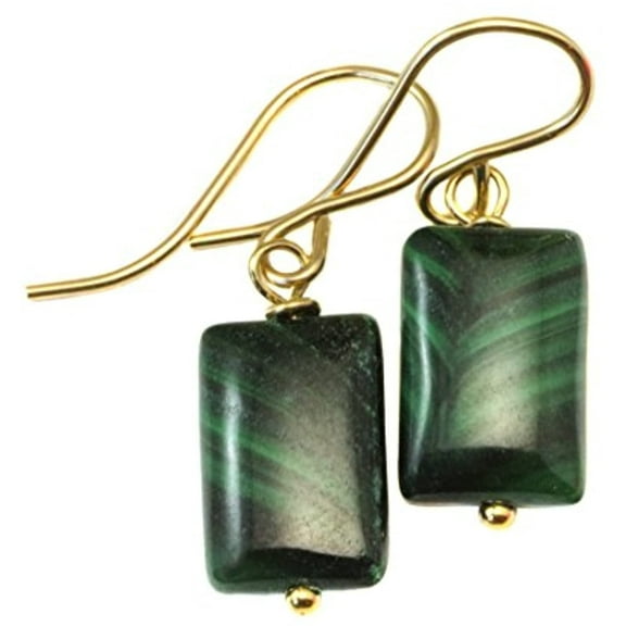 14k Gold Filled Malachite Earrings Green Rectangle Smooth Cut Small Dainty Drops Designed for Adult Women