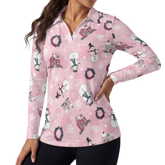 Jeiento Women's Golf Shirts, Moisture Wicking, Pink Snowman House Leisure Tops, Long Sleeve V Neck Quick Dry Breathable Top for Yoga, Hiking and Winter Leisure