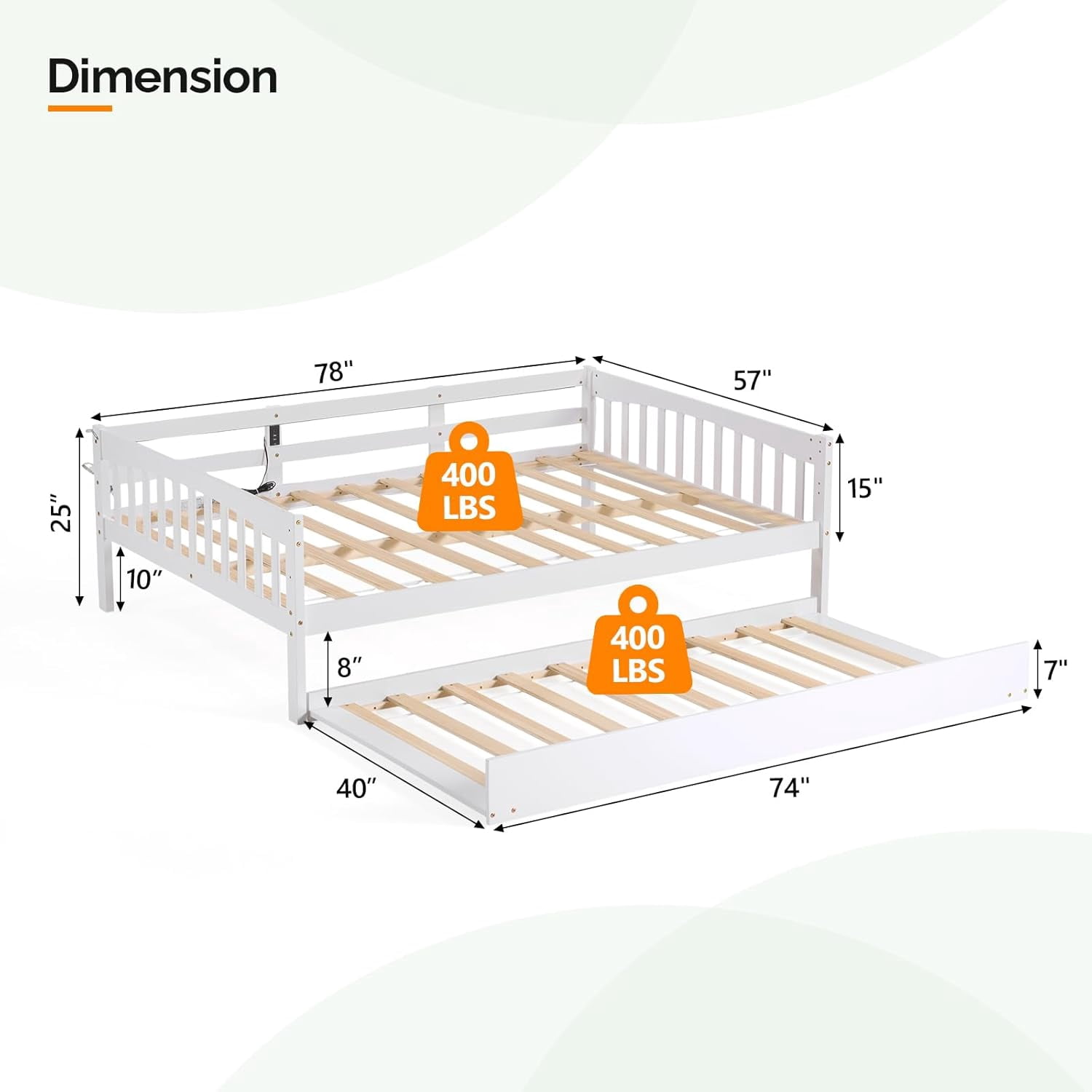 Zimtown Solid Wood Full Daybed with Trundle, Day Bed Frame with Charging Station and Lights, White