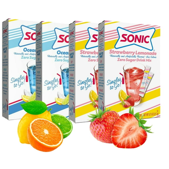 Sonic Singles To Go Powdered Drink Mix 2 Ocean Water 2 Strawberry Limeade Flavored Water Enhancer Sugar-Free Non-Carbonated Drinking Beverages 4 Boxes 6ct each Makes 24 Total Servings