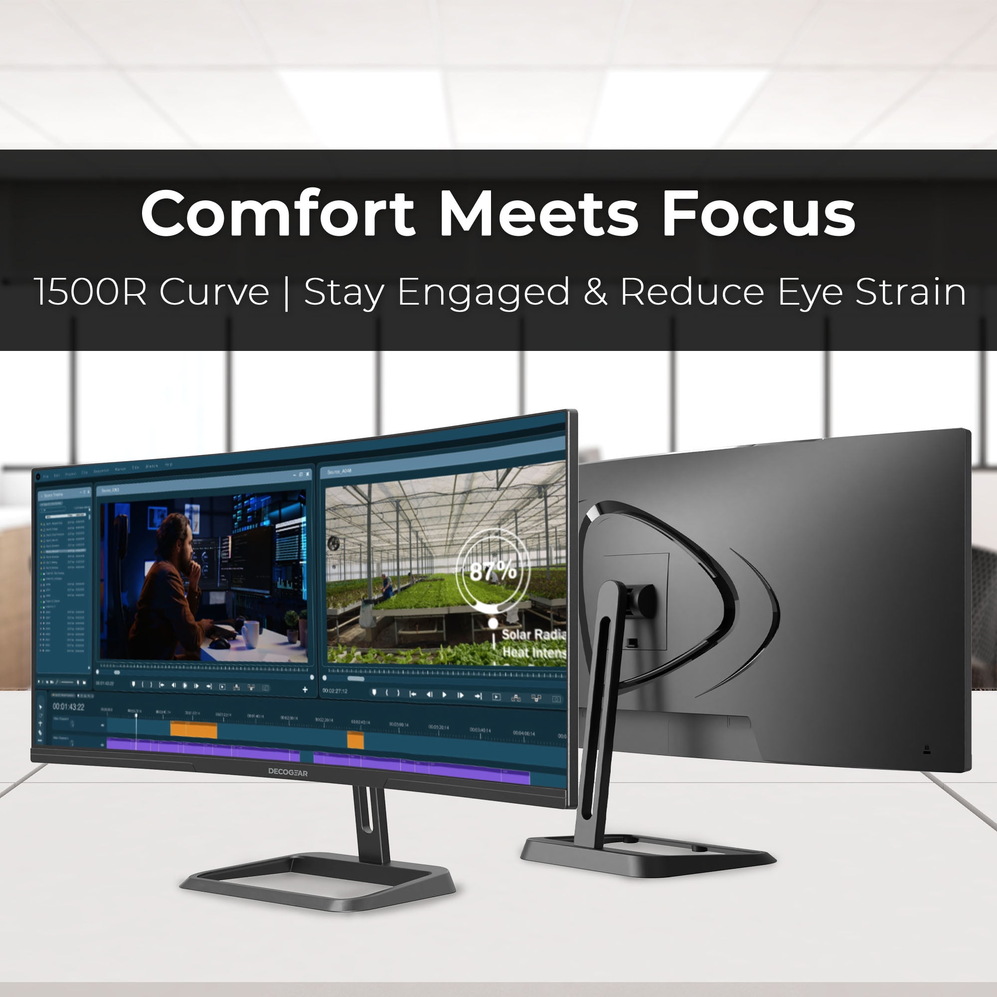 Deco Gear 34" Curved UltraWide WQHD Monitor 3440×1440, 100Hz, 1ms, 99% sRGB, HDR, Low Blue Light, PIP/PBP, 2× HDMI, 2× DisplayPort, Tilt-Adjustable Stand - Business Productivity Display