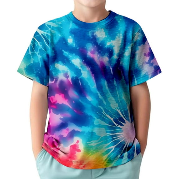 Kiijoy Short Sleeve Tie Dye T-Shirt for Boys Summer Crewneck T Shirt, Sizes 3-13 & Husky