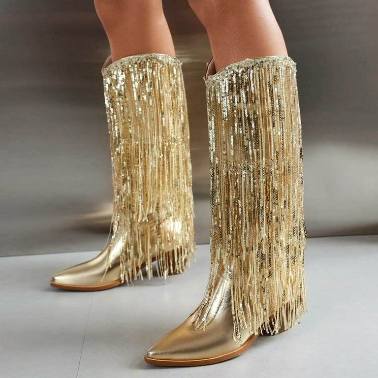 Dakaela Women's Fringe Cowboy Boots Metallic Sequin Cowgirl Dress Booties  Tassel Western Pull on Boot - Walmart.com