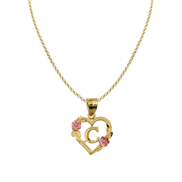14k Two-tone Gold Flower and Heart-shaped Initial 'C' Pendant with 1.2mm Rolo chain