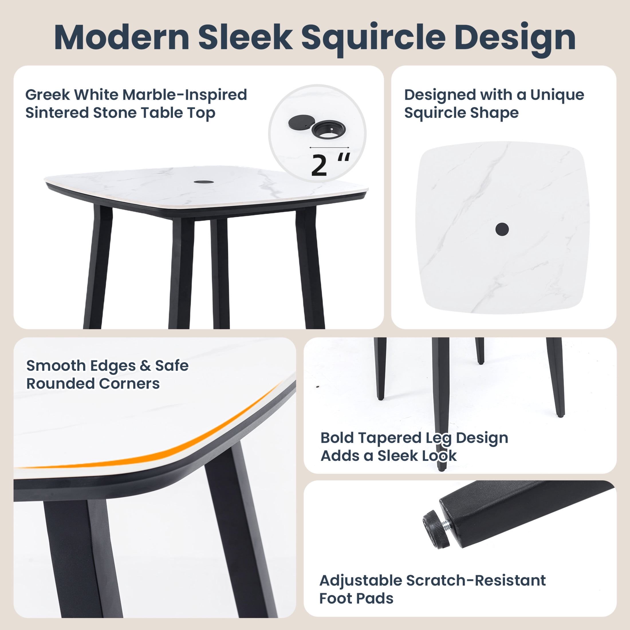 Noble House 35.4" Outdoor Rounded Square Bar Table, Durable Sintered Stone Greek Top, Umbrella Hole, Ember Black + White