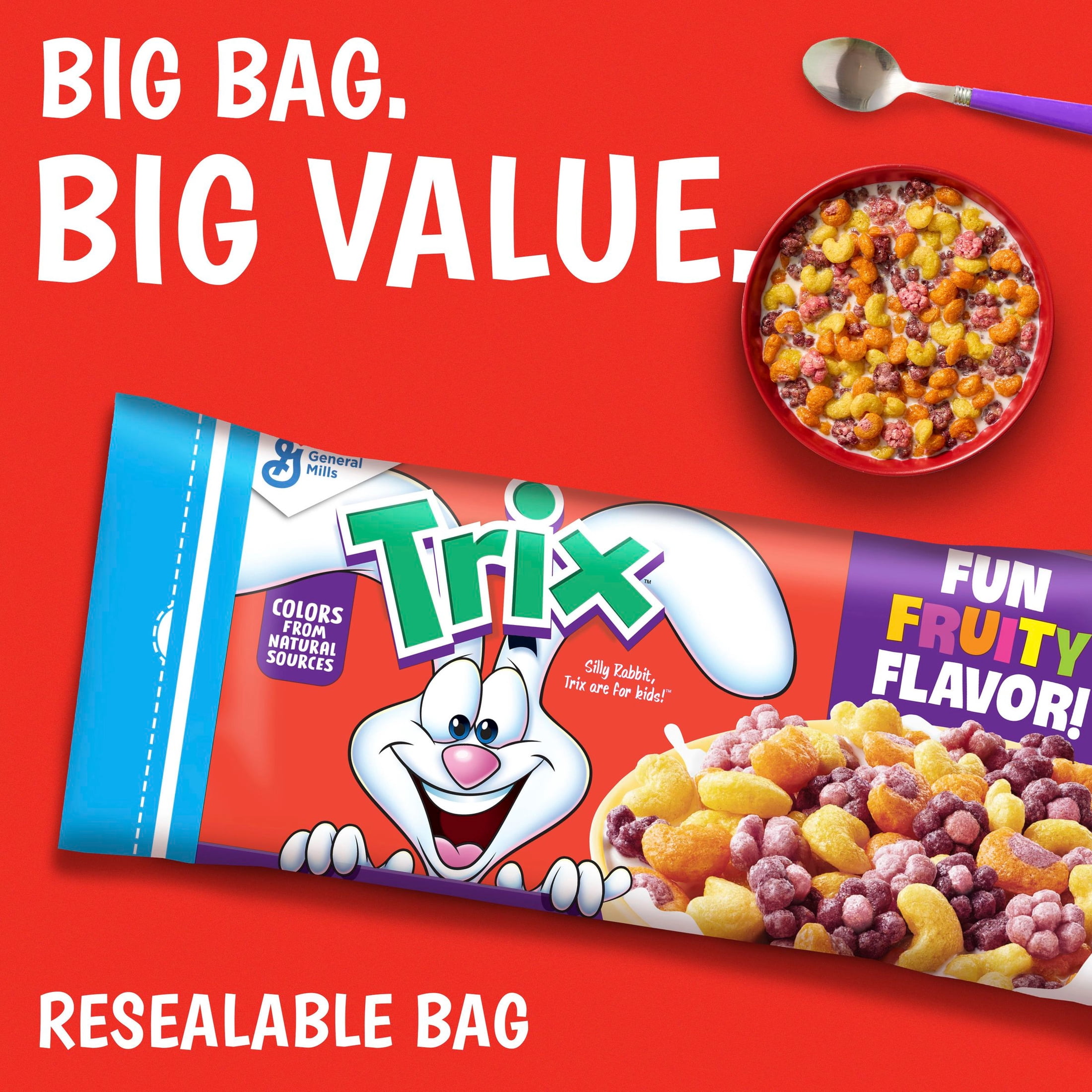 (3 pack) Trix Breakfast Cereal, 6 Fruity Shapes, Made with Whole Grain, 35 oz Resealable Bag