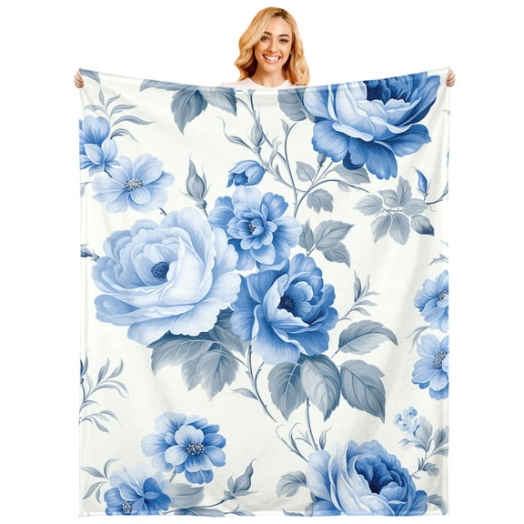 Vintage Blue Floral Pattern Blanket Anti Pilling Throw Cozy Durable Flannel Blanket for Bedroom Living Room Couch Sofa Bed