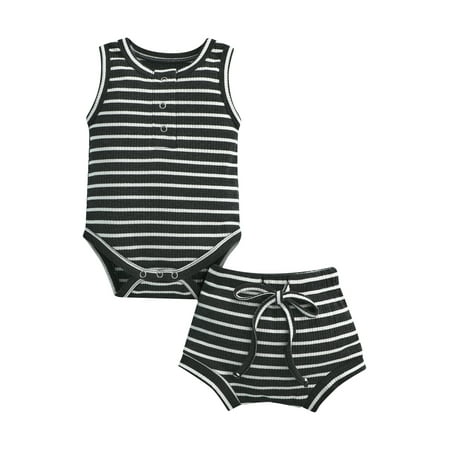

Canrulo Infant Baby Boys Girls 2pcs Clothes Striped Printed Sleeveless Button Romper+Shorts Sets Black 6-12 Months