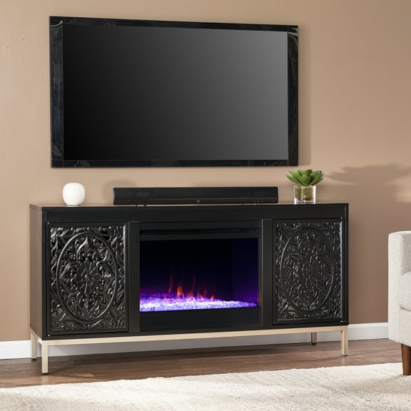 Winsterly Color Changing Fireplace Console with Media Storage in Black/Champagne