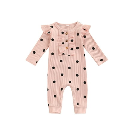 

Calsunbaby Infant Baby Spring Jumpsuit Long Sleeve Round Neck Ruffled Romper Dot Print Button Closure Casual Bodysuit