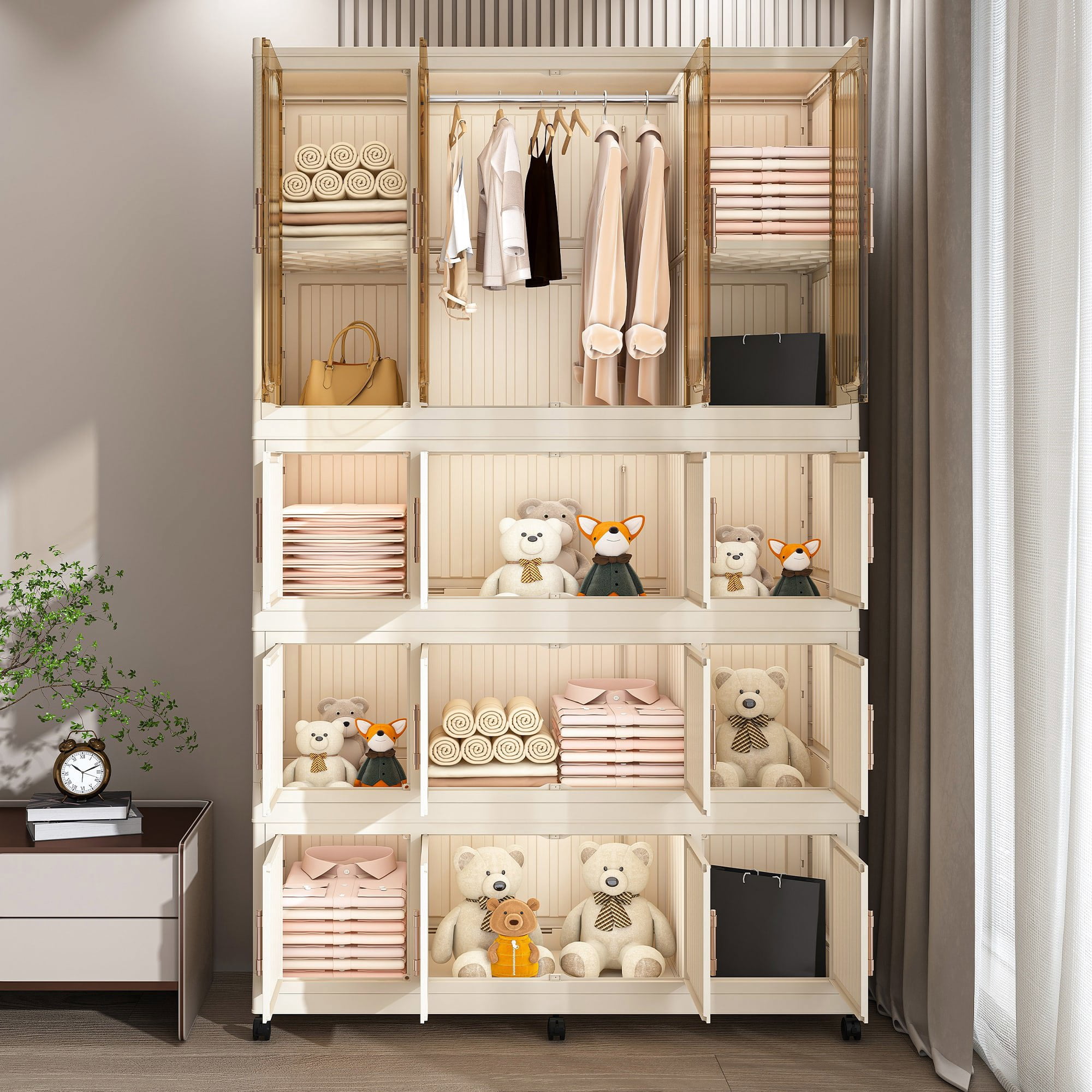 Resenkos Portable Wardrobe Closet Storage Organizer, Clothes Dresser with 16 Magnetic Doors (16 Cubes & 1 Hanging Rod) & 6 Hangers, Cream White