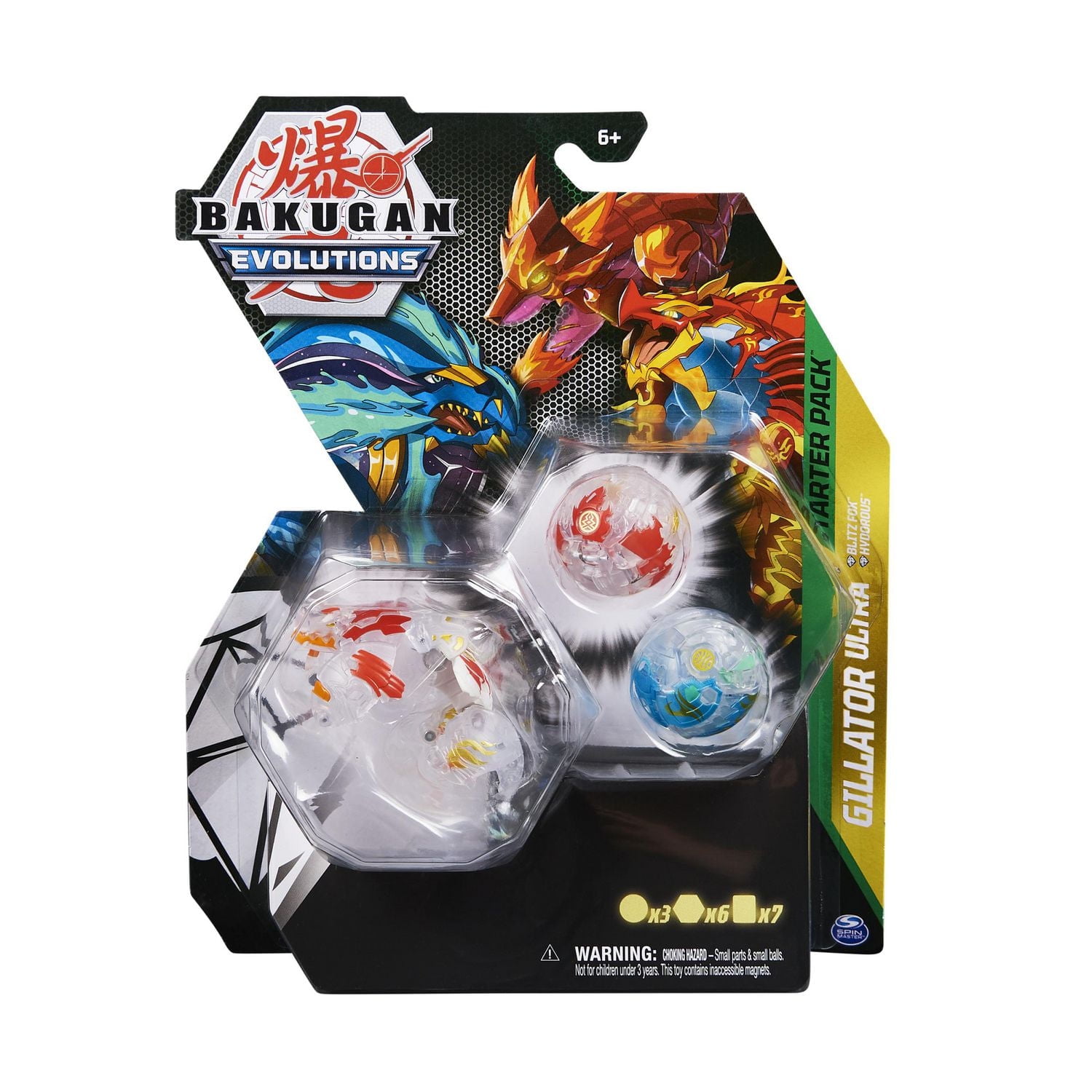 Bakugan Evolutions Starter Pack 3-Pack, Gillator Ultra (Translucent) with Hydorous and Blitx Fox, Collectible Action Figures, Ages 6 and Up