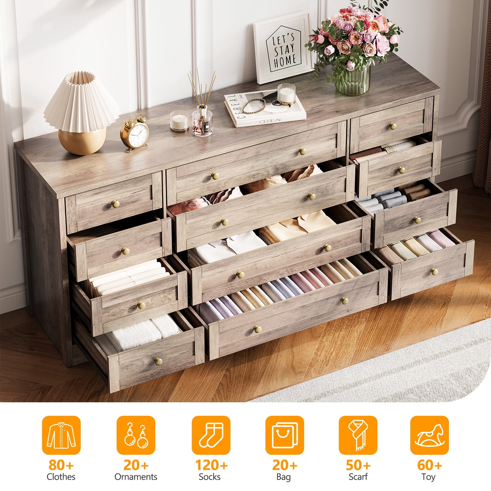 12-Drawer Wood Dresser for Bedroom - 65" Wide Modern Chest of Drawers with Soft-Close Glides,Wood TV Stand for Living Room & Hallway Storage