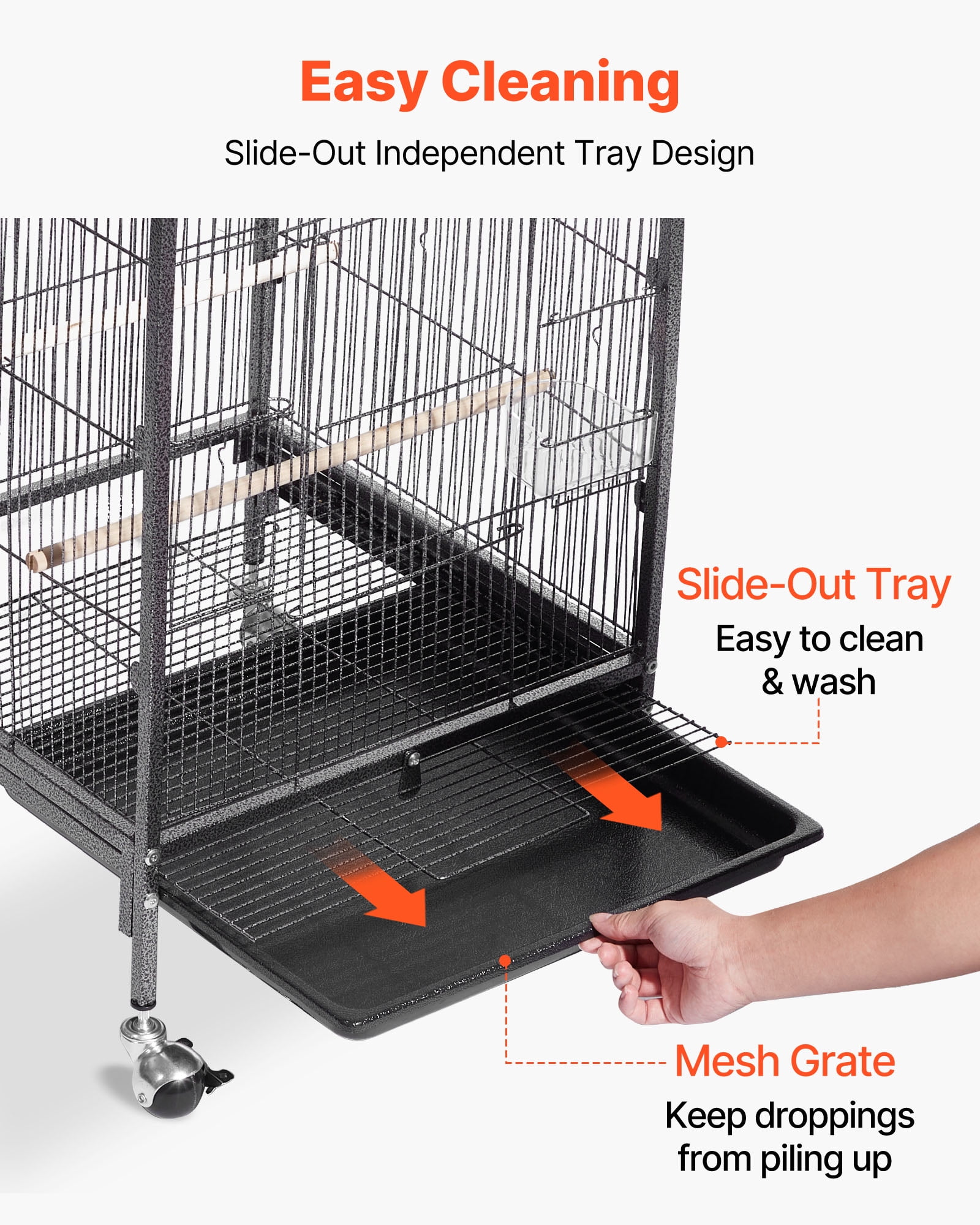 VEVOR Bird Cage, 18 x 18 x 30 inch, Open Flat Top, Wrought Iron Bird Flight Cage with Perches, Slide-Out Tray and Plastic Feeders, Casters, for Parrot, Blue Tit, Cockatiel, Canary, Budgerigar, Conure