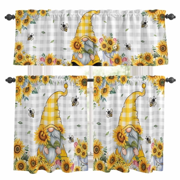 Gnomes Kitchen Curtains Sets for Windows 36 Inch Length, Vintage Yellow Sunflower Summer Bee Grey Plaid Rod Pocket Window Treatments Tier Curtains and Valances Set for Bedroom/Bathroom