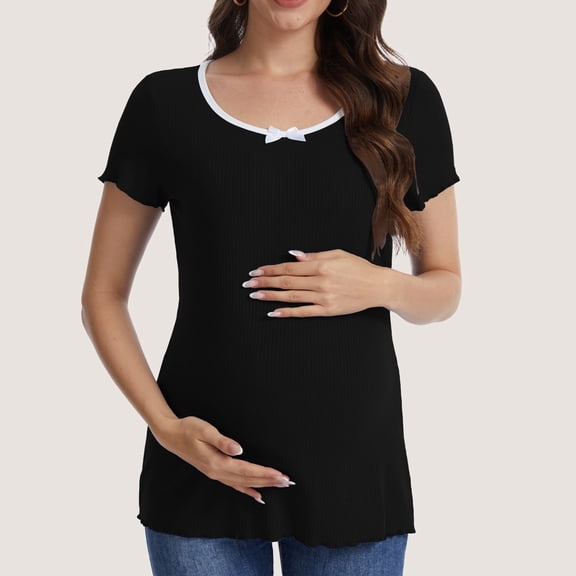 Casual Ribbed Scoop Neck Short Sleeve Maternity Top