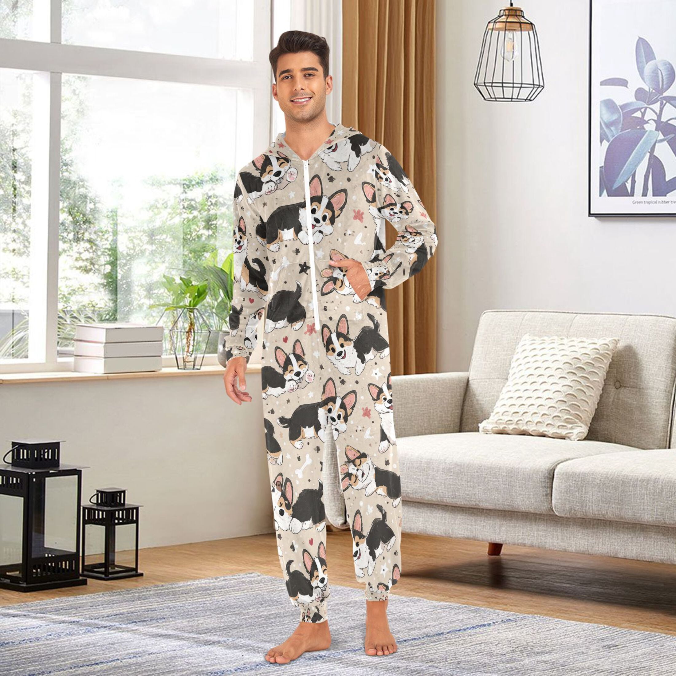Adult Christmas Onesie Corgi Adult Zipper One-Piece Pajamas Unisex Pajamas with Pockets