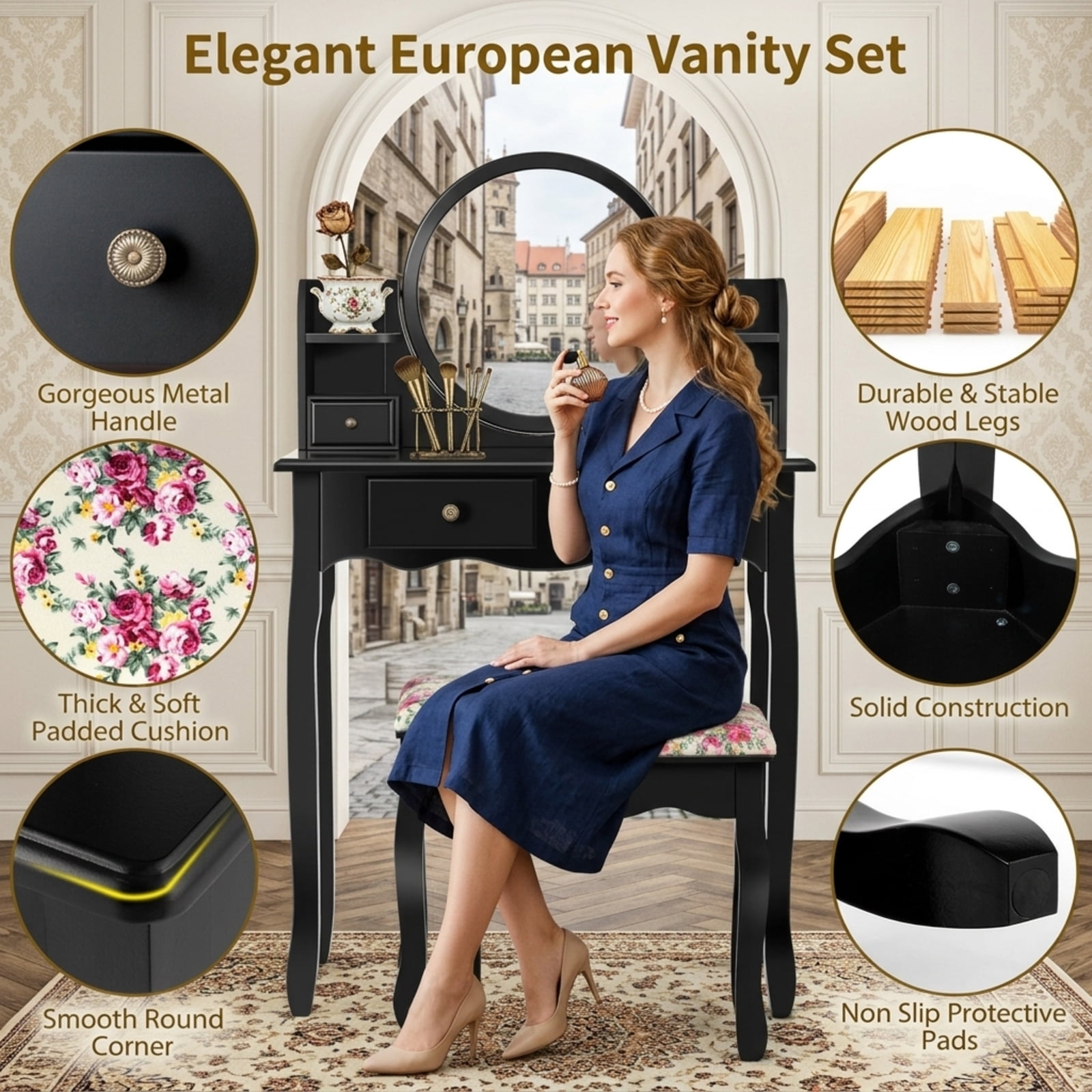 Furnibear Makeup Vanity Table Set Girls Dressing Table with Drawers Oval Mirror for Bedroom Makeup Dressing Room Vanity Desk Mirror Set, Black