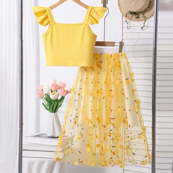 RTKFRFLM Big Girls 2-Piece Summer Set Ribbed Cami Crop Top and Floral Print Mini Skirt Outfit Trendy Fashionable Casual Clothes for and Girls Ages 7-12 Years Old Clothing