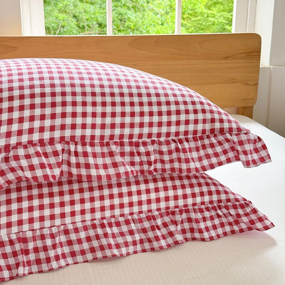 Red Gingham Ruffle Duvet Cover Twin Size, 2 Pieces Soft Pre-Washed Microfiber Checked Plaid Comforter Cover Set, Vintage Farmhouse Bedding Set(Red Gingham, Twin 68"x90")