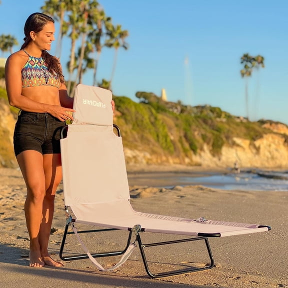 Reclining Beach Chair with Headrest - Portable Folding Chaise Lounge for Pool, , Camping & Lawn