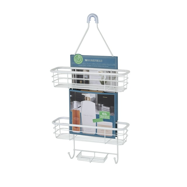Moorefield Extra Wide 3-Tier Modern Hanging Shower Caddy, Non-Slip Neck & Suction Cups, No Drilling, Matte White