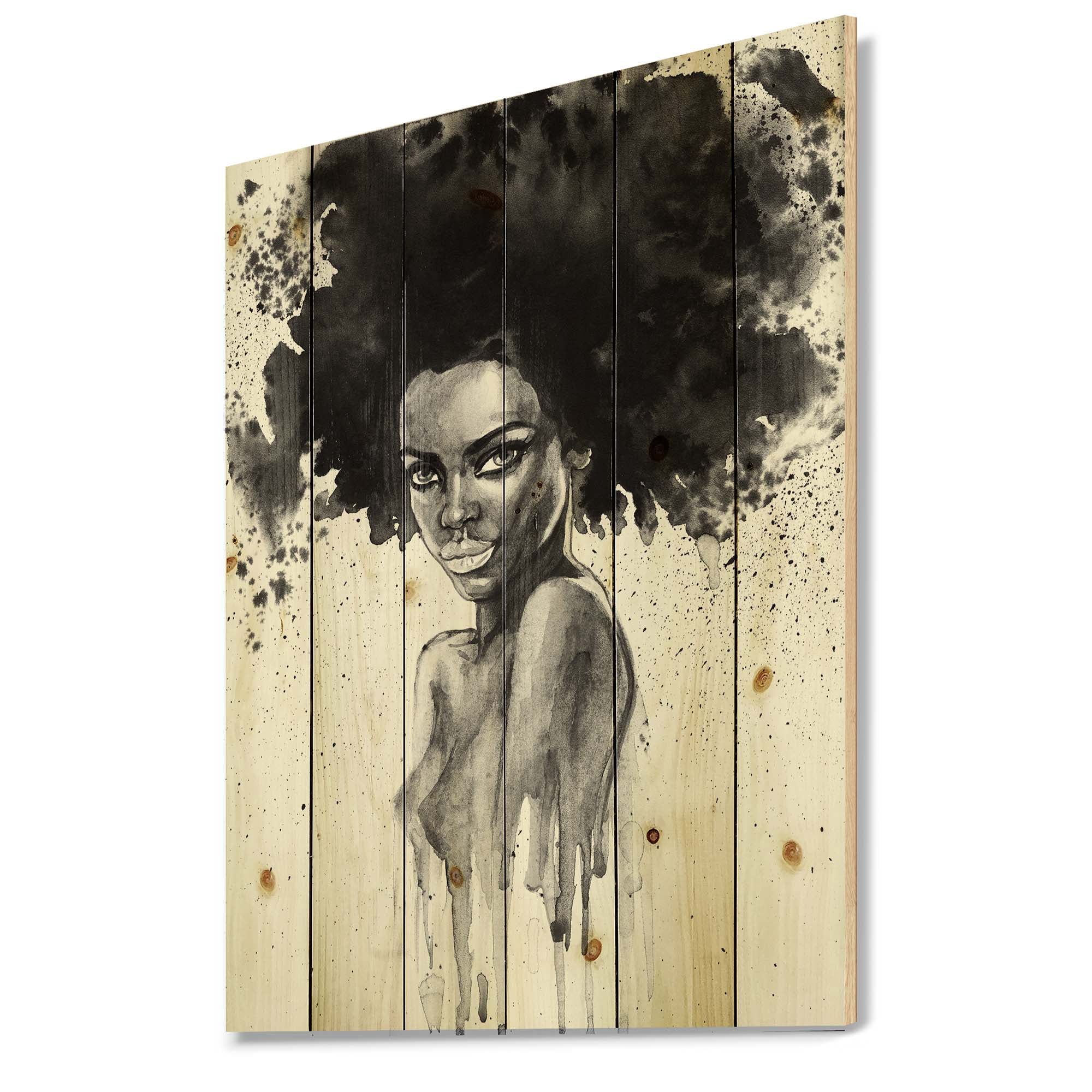 Designart 'Black and White Portrait of African American Woman III' Modern Print on Natural Pine Wood