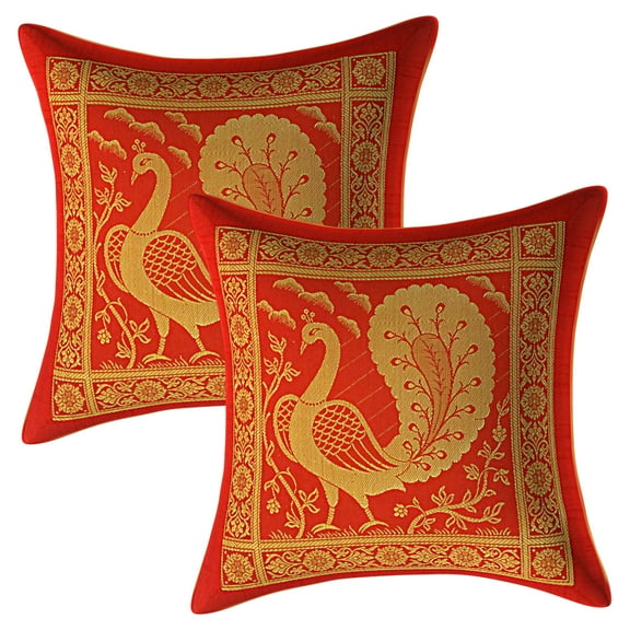 Stylo Culture Indian Zippered Brocade Red And Gold Sofa Throw Pillow Covers 12x12 Jacquard Weave Banarasi Decorative Cushion Covers Dancing Peacock Floral 30x30 cm Cushion Covers (Set Of 2)