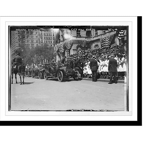 Historic Print, Olympic Athletes Reception, autos, policemen, and crowd before City Hall, New York, 18" x 24"