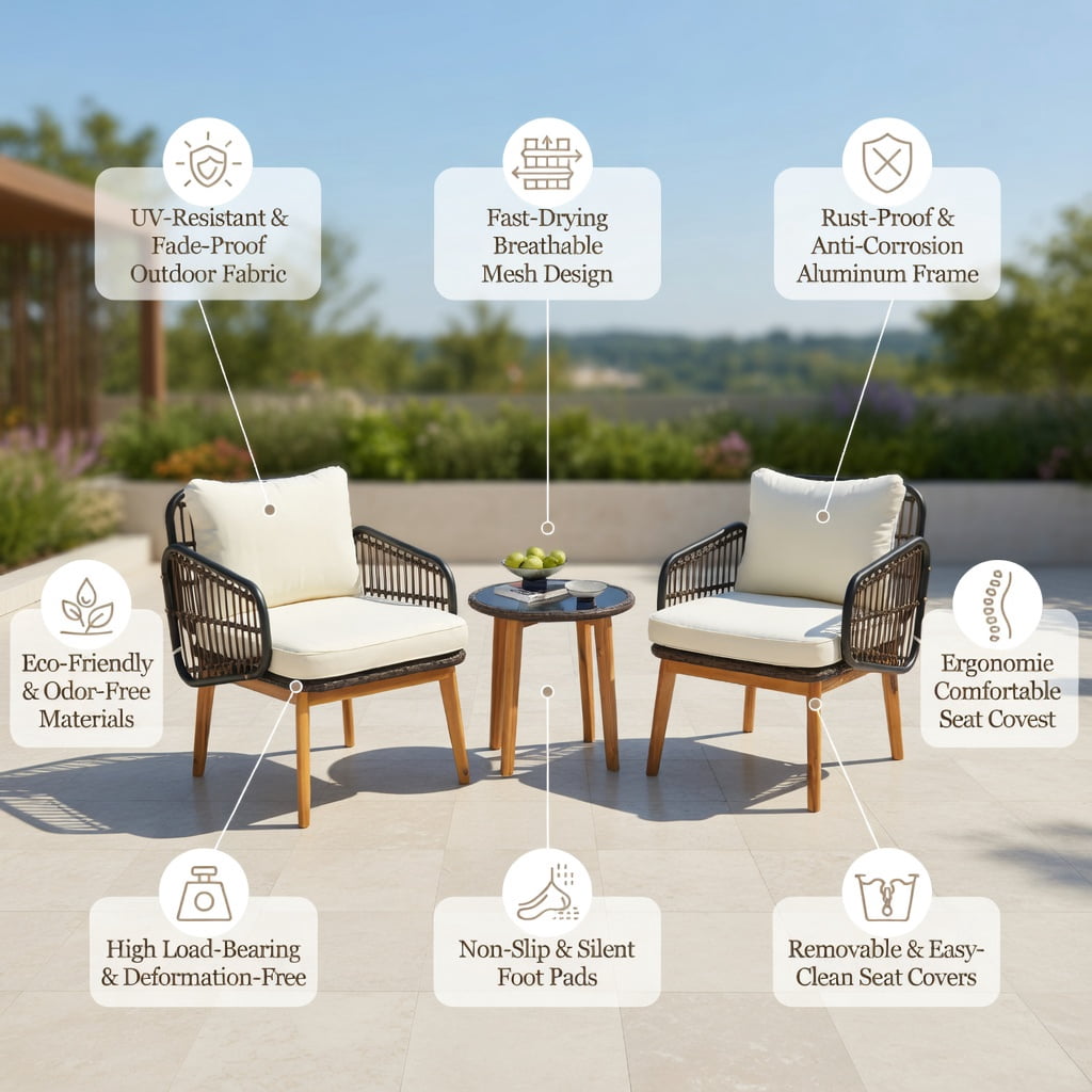 Hommoo 3-Piece Outdoor Patio Furniture Set, PE Rattan Chairs with Tempered Glass Side Table, Acacia Wood Frame, Weather-Resistant Cushions, Black