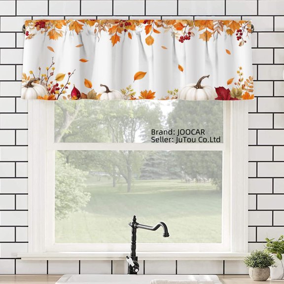 JOOCAR Autumn Leaves Pumpkins Polyester Window Valance Curtain for Home Kitchen Living Room Bedroom Bathroom Decor 54x18 inch