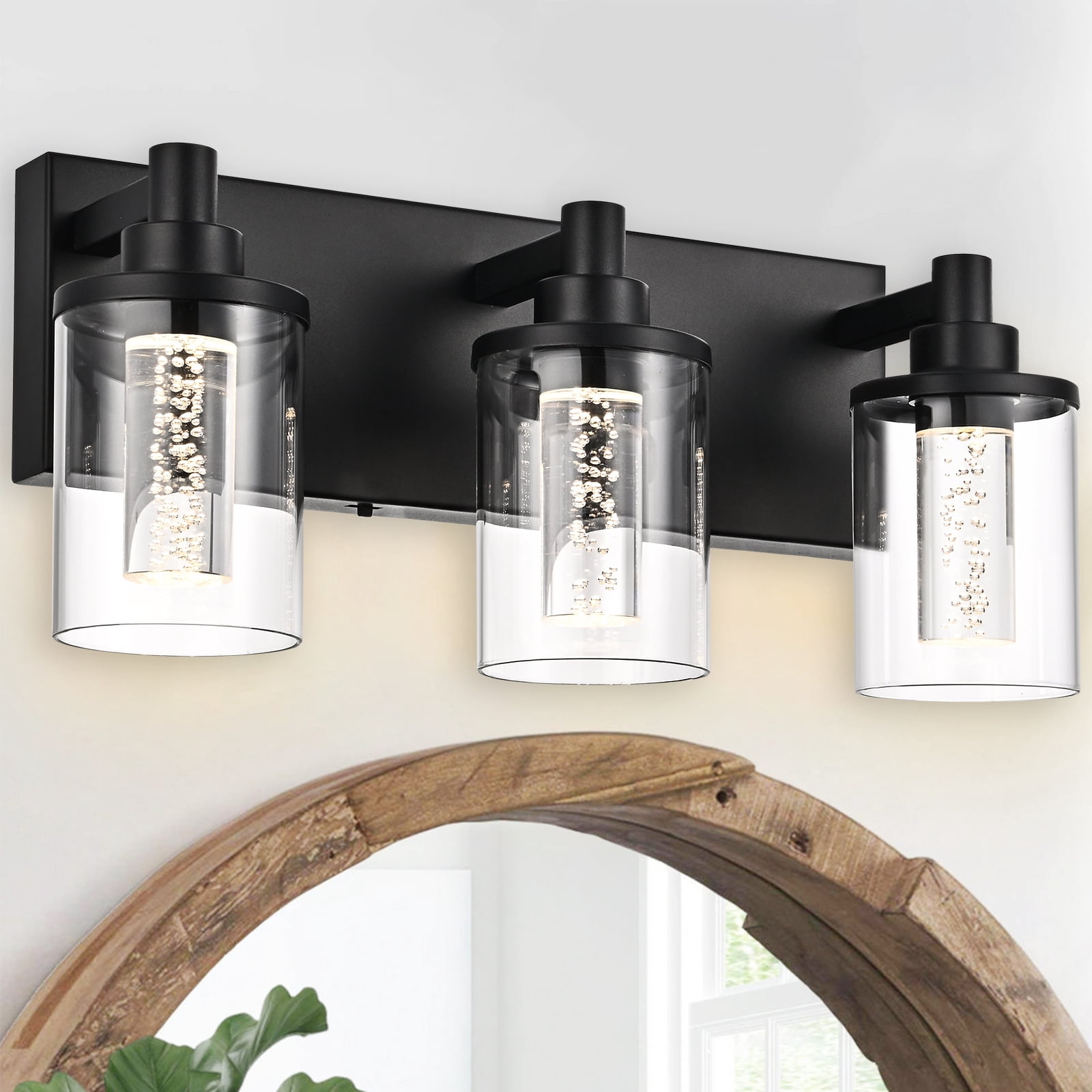 Melucee 5CCT Dimmable LED Black Vanity Lights 3-light, Modern Vanity Lighting Fixtures with Crystal Light Columns and Clear Glass for Bathroom Bedroom