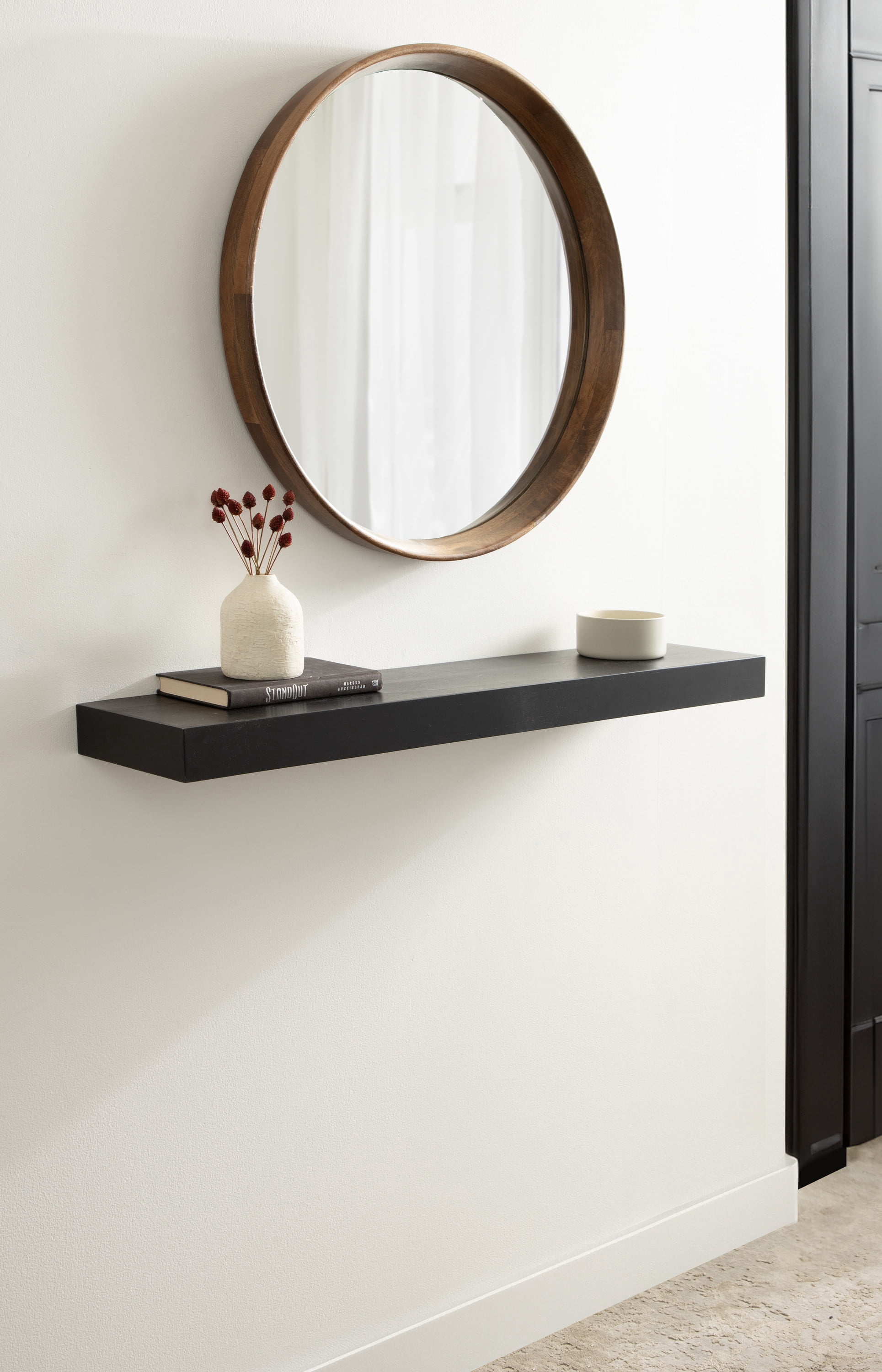 Kate and Laurel Havlock Modern Natural Floating Shelf, 36 x 8, Black, Functional Bathroom and Kitchen Shelf for Storage and Display of Picture Frames or Plants