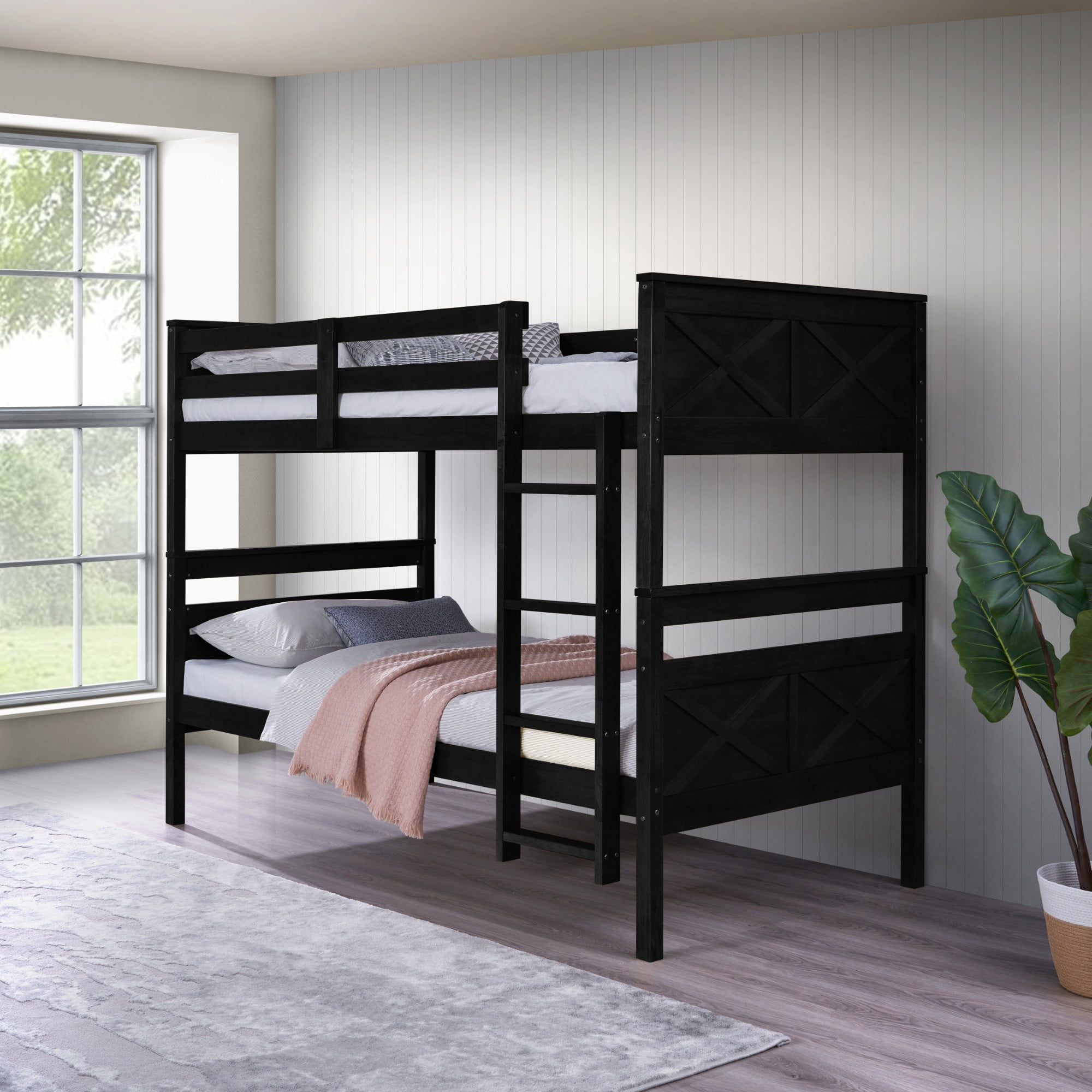 Home Design Exeter Twin Over Twin Solid Wood Bunk Bed Frame with Guardrails and Ladder, Black, Easy Assembly
