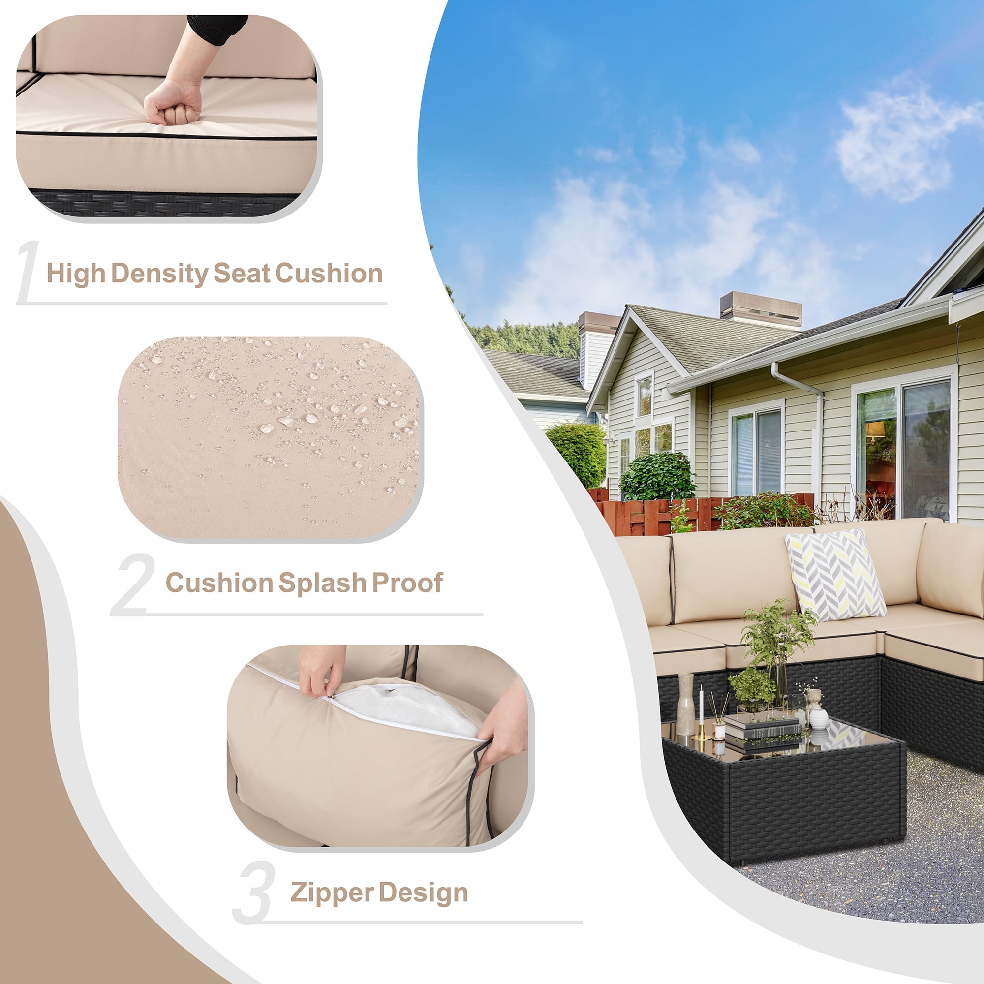 Walsunny 8 Pieces Patio Wicker Rattan Fire Pit Furniture Conversation Sets with Outdoor Sectional Sofa,45" Gas Propane Fire Pit Table,Glass Coffee Table,Black Rattan Khaki Cushion